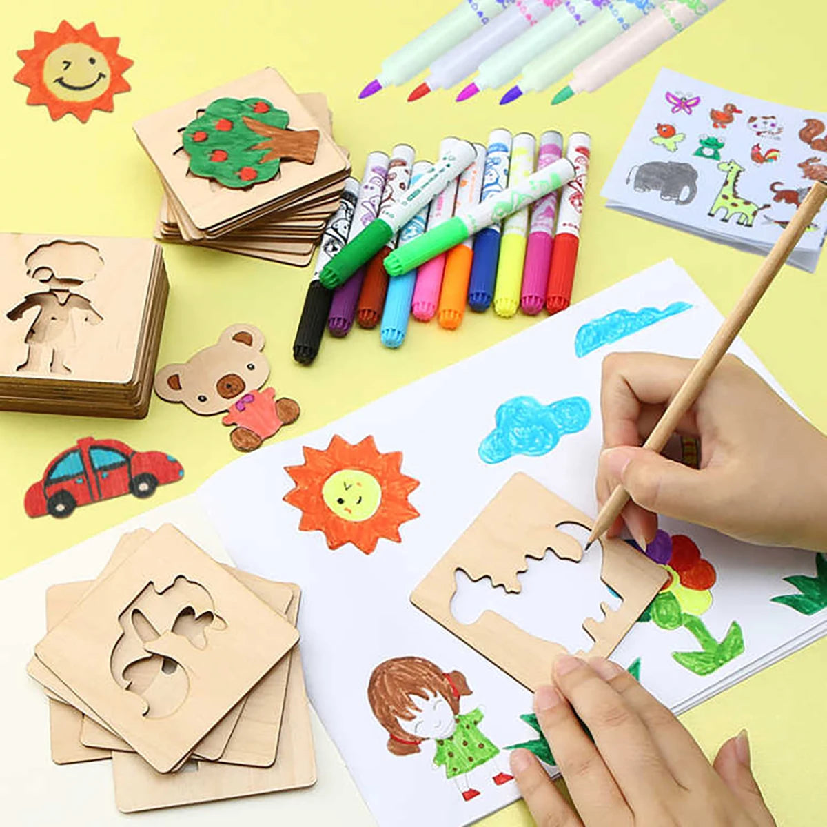 20pcs Montessori Kids Drawing Toys Wooden DIY Painting Stencils Template Craft Toys Puzzle Educational Toys for kids Gifts