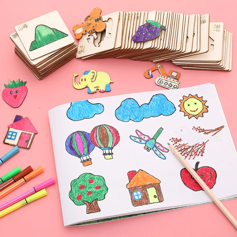 20pcs Montessori Kids Drawing Toys Wooden DIY Painting Stencils Template Craft Toys Puzzle Educational Toys for kids Gifts