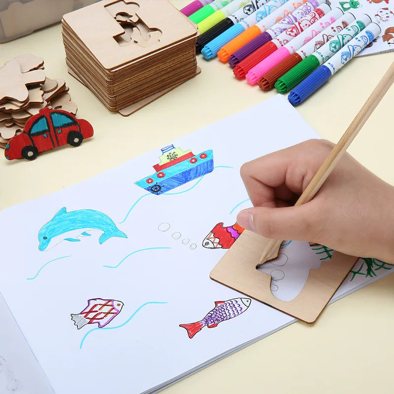 20pcs Montessori Kids Drawing Toys Wooden DIY Painting Stencils Template Craft Toys Puzzle Educational Toys for kids Gifts