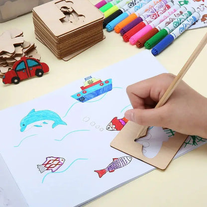 20pcs Montessori Kids Drawing Toys Wooden DIY Painting Stencils Template Craft Toys Puzzle Educational Toys for kids Gifts